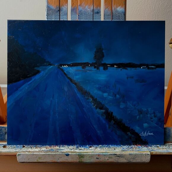 Original Oil Painting Landscape Winter Nocturne Blue Night Lights 8x10 Signed - Picture 2 of 7